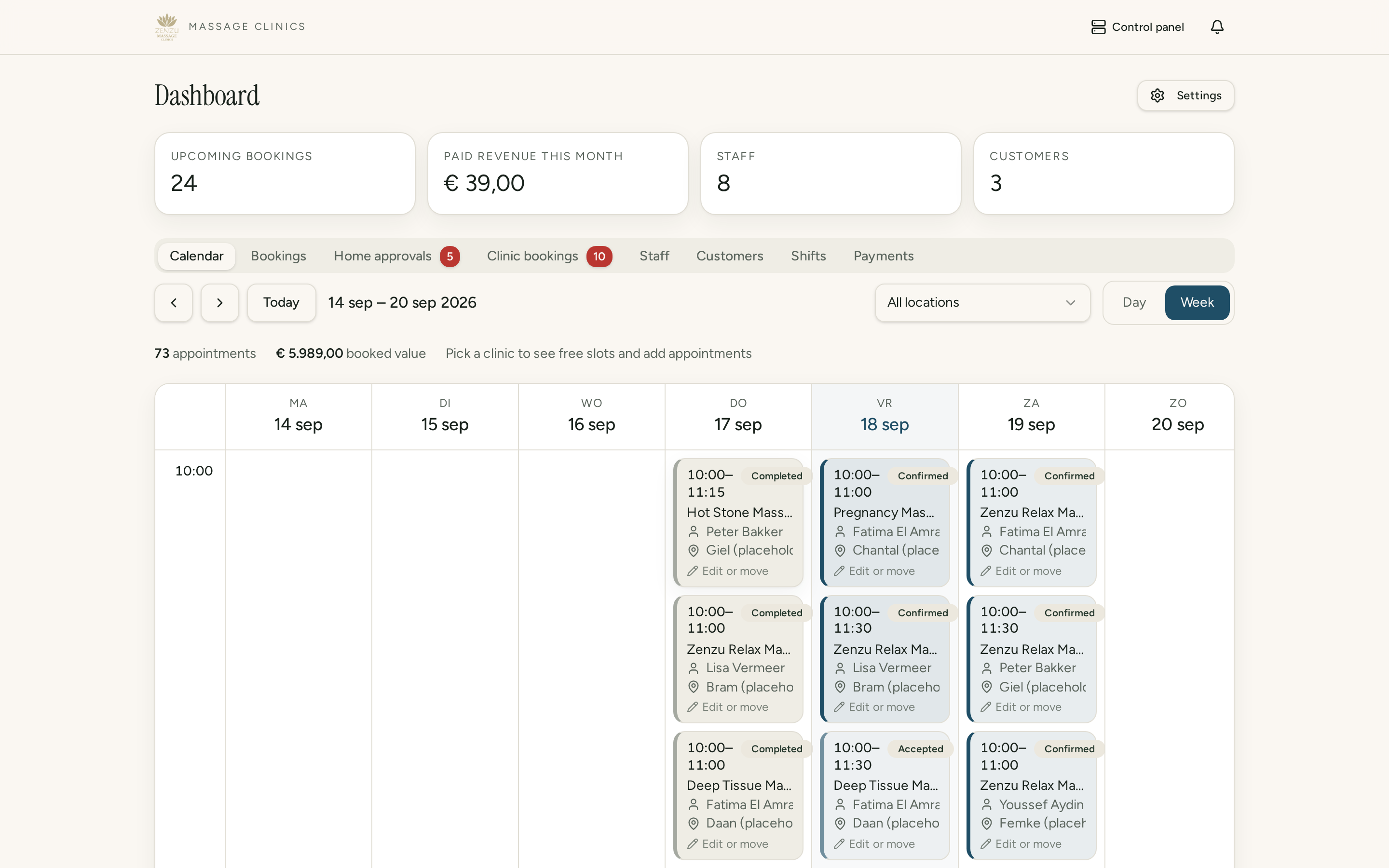 Salon dashboard with the week calendar across every location