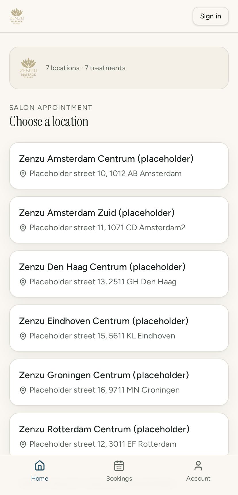 Customer choosing a location and time in the booking flow on a phone